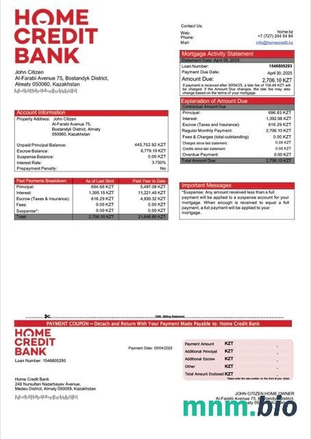 Kazachstan Bank Home Credit wyciąg z kredytu hipotecznego szablon Word i PDF